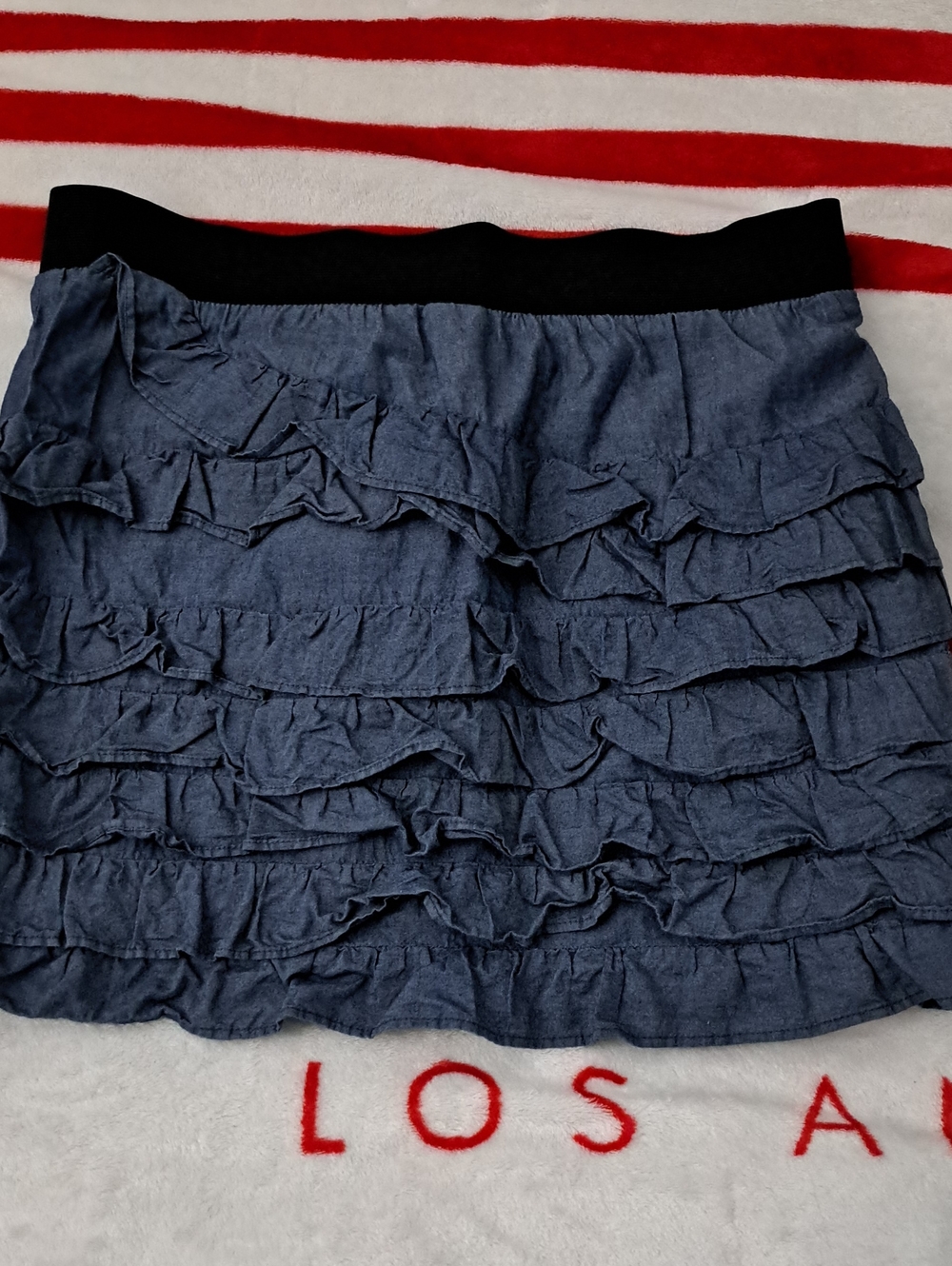 Ruffled Chambray Mini Skirt with Black Elastic Waistband - Blue